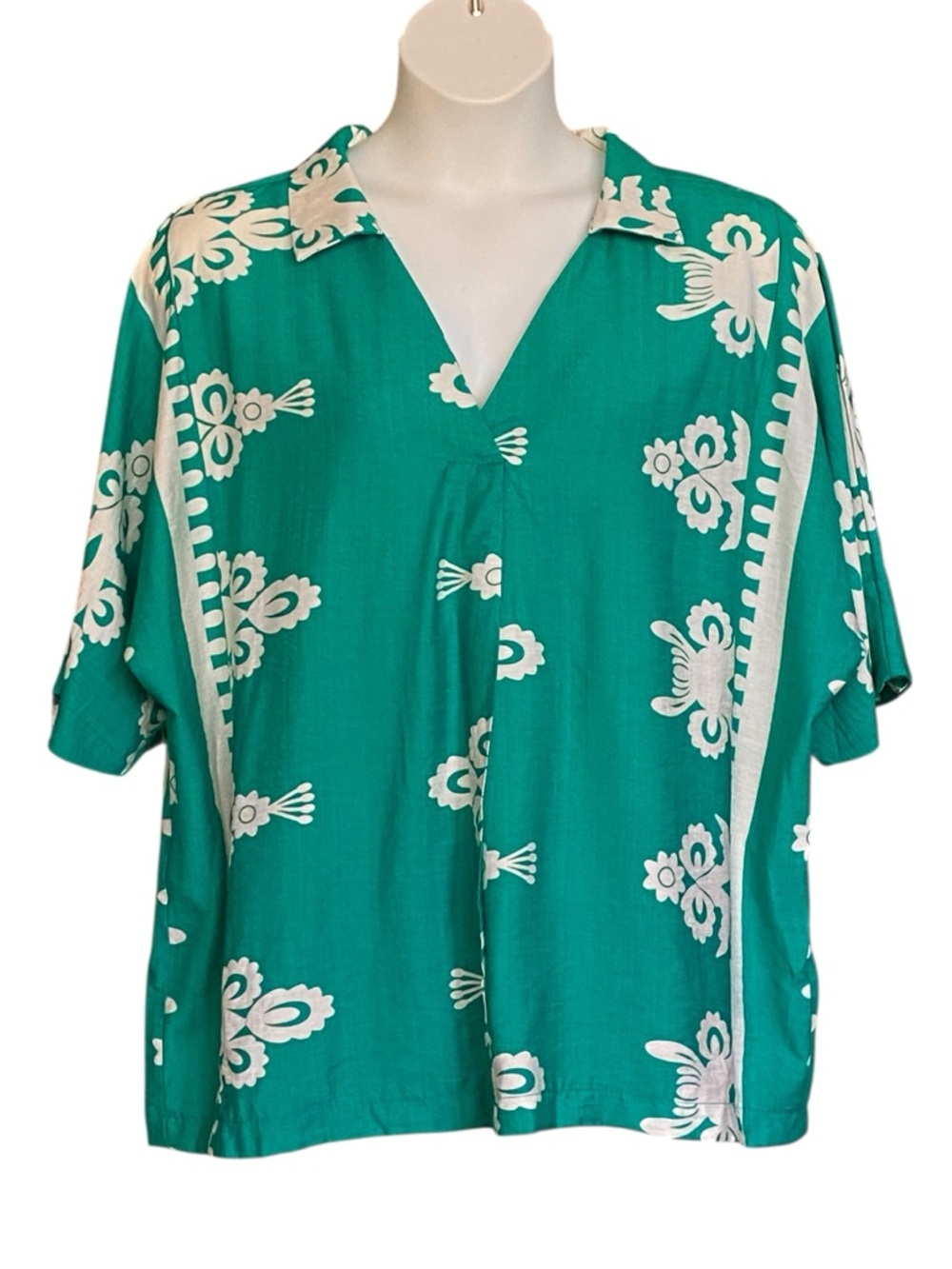 Umgee Vibrant Green Short Sleeve Collared Boho Beach Blouse Womens Size XL NWT